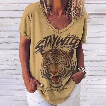 Летняя футболка с V-образным вырезом, 3D-принт с принтом тигра, короткий рукав, повседневная модная женская футболка, уличная одежда в стиле Харадзюку и хип-хоп для женщин S