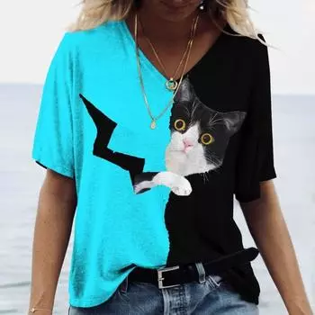 Летняя футболка с V-образным вырезом, цветная блокированная футболка с принтом кота, женская спортивная футболка с короткими рукавами, топ S