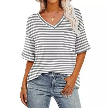 Летняя футболка с V-образным вырезом, цветными полосками, короткими рукавами и карманами, футболки с рукавами на плечах, женские S серый