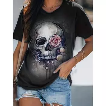 Летняя футболка с V-образным вырезом для женщин, новый 3D-принт черепа, короткий рукав, полиэстер, уличная одежда, праздничный топ для путешествий S