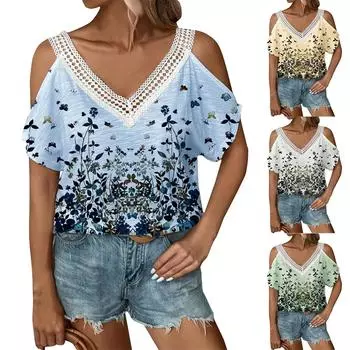 Летняя футболка с v-образным вырезом и короткими рукавами с цветочным принтом, топ для женской одежды S жёлтый