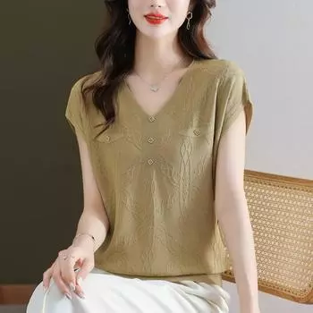Летняя футболка с V-образным вырезом и короткими рукавами из шелка Ice Silk, стильные свободные тонкие трикотажные топы, модный женский топ One Size белый