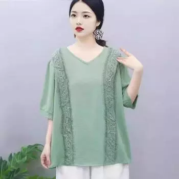 Летняя футболка с V-образным вырезом из хлопка и пеньки Tencel Loose Large с кружевом и художественным ретро-стилем one size зелёный