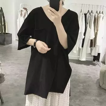 Летняя футболка с V-образным вырезом, коротким рукавом, накладным карманом, боковыми разрезами по низу, однотонный свободный крой, эластичный пуловер, топы XL чёрный