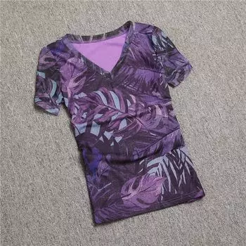 Летняя футболка с V-образным вырезом, сетчатая, с цветочным принтом, с коротким рукавом, облегающая, фиолетовая Purple L