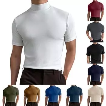 Летняя футболка с высоким воротником и короткими рукавами, мужское базовое пальто, однотонная мужская рубашка L армия зеленый