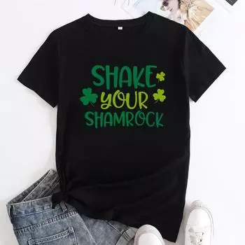 Летняя футболка SHAKE your SHAMROCK с принтом букв из чистого хлопка, свободного покроя, с круглым вырезом, короткими рукавами и большим размером, женская S чёрный