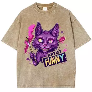 Летняя футболка свободного покроя для женщин с принтом мультяшного кота, круглым вырезом, унисекс, коротким рукавом, повседневная, удобная S