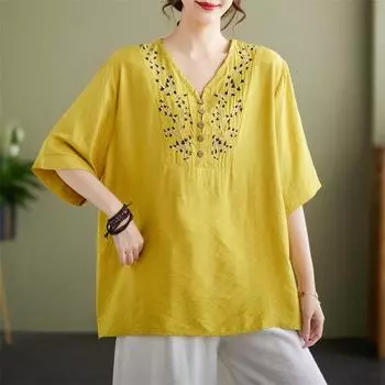 Летняя футболка свободного покроя с V-образным вырезом в стиле ретро и этнической вышивкой для женщин больших размеров M белый