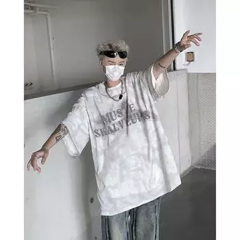 Летняя футболка в американском стиле большого размера с узором «тай-дай» и потертостями, мужская свободная повседневная футболка High Street Top, мужская одежда Y2K M белый