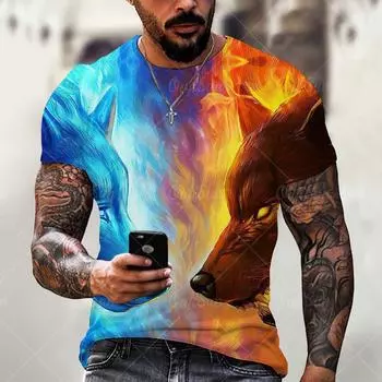 Летняя футболка в европейском и американском стиле, новая мужская свободная спортивная футболка с 3D цифровым принтом «животное волк» и короткими рукавами S