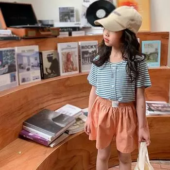 Летняя футболка в полоску с принтом в корейском стиле для девочек, повседневная уличная одежда с круглым вырезом, детские хлопковые футболки из модала, одежда 100