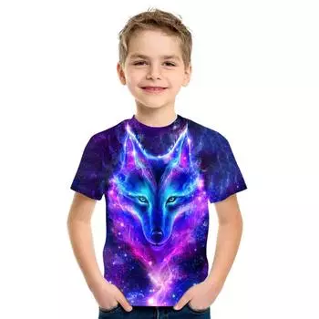 Летняя футболка в стиле хип-хоп для отдыха для мальчиков и девочек, детская детская футболка с короткими рукавами и 3d принтом волка 100