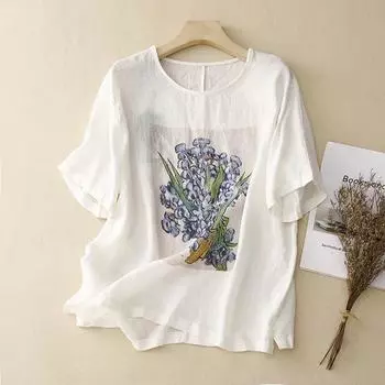 Летняя футболка в стиле ретро из хлопка и льна с круглым вырезом и короткими рукавами в этническом стиле для женщин M белый