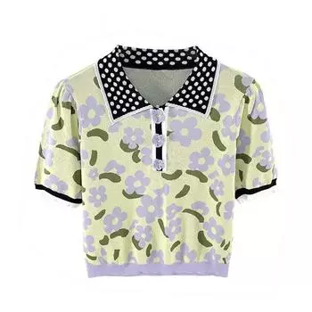 Летняя футболка женская контрастного цвета с жаккардовыми цветочными лацканами и пышными рукавами вязаная рубашка женский свитер с короткими рукавами B-014 S зелёный
