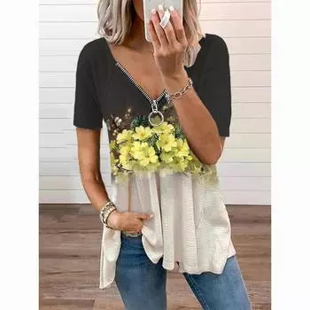 Летняя футболка женская модная молния с V-образным вырезом и цветочным принтом повседневная рубашка с коротким рукавом свободная мягкая и удобная тонкая легкая футболка S чёрный