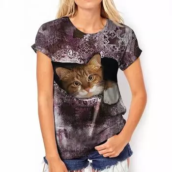 Летняя футболка женская с 3D-принтом в виде кошки, с круглым вырезом и короткими рукавами, топ S