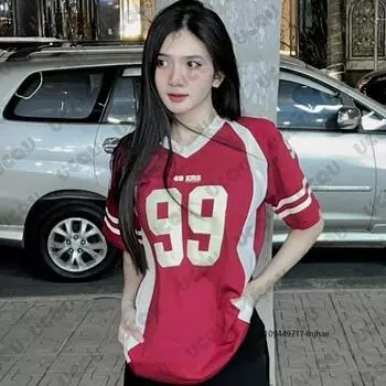 Летняя футболка женская с принтом V-образный вырез короткий рукав спортивная футбольная форма свободный топ XS