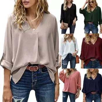 Летняя футболка женская шифоновая сексуальная 2025 V Is Gotten свободная рубашка модная женская футболка с длинными рукавами S чёрный