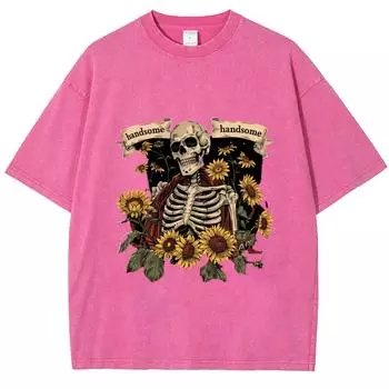 Летняя футболка женская стираная джинсовая ткань новая популярная принт черепа короткий рукав оверсайз круглый вырез топ хип-хоп наряд S