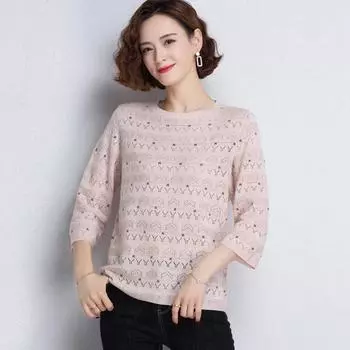 Летняя футболка женская свободная большого размера со средним рукавом и круглым вырезом, большой топ с рукавами три четверти, весенне-осенний вязаный свитер S абрикосовый