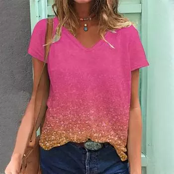 Летняя градиентная 3D-принт футболка женская футболка с V-образным вырезом и коротким рукавом топы Y2k Harajuku уличная одежда свободные футболки женская одежда S