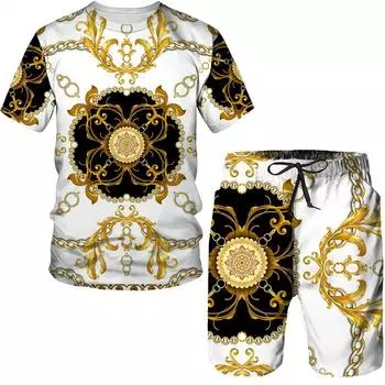 Летняя хипстерская уличная одежда, НОВЫЙ роскошный мужской комплект с золотым узором, модная футболка с цветочным принтом/шорты/костюм, повседневная одежда для пар S