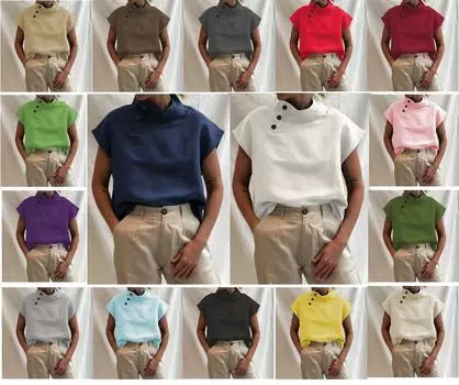 Летняя хлопковая блузка с боковой пуговицей и льняными топами, женская повседневная футболка с коротким рукавом L красный