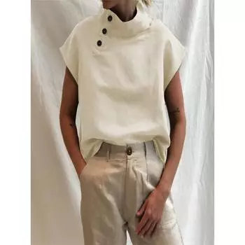 Летняя хлопковая блузка с боковыми пуговицами Celmia, льняные топы, женская повседневная футболка с коротким рукавом L абрикосовый