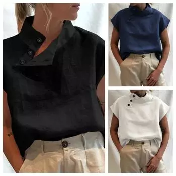 Летняя хлопковая блузка с боковыми пуговицами Celmia, льняные топы, женская повседневная футболка с коротким рукавом S красный