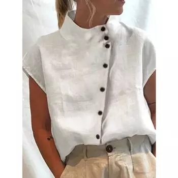 Летняя хлопковая блузка с боковыми пуговицами, женская повседневная блузка, однотонные льняные топы с короткими рукавами, повседневная женская дышащая рубашка M белый