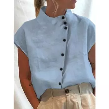 Летняя хлопковая блузка с боковыми пуговицами, женская повседневная блузка, однотонные льняные топы с короткими рукавами, повседневная женская дышащая рубашка S белый