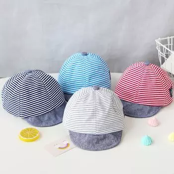 Летняя хлопковая детская шапка, милая повседневная полосатая шапочка для мальчика, мягкая козырек, детские солнцезащитные шапки для девочек темно-синий