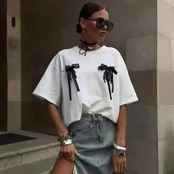 Летняя хлопковая футболка с бантом, женская кружевная футболка с круглым вырезом и коротким рукавом, повседневная свободная футболка с короткими рукавами, модная уличная одежда S белый