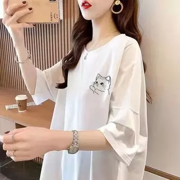 Летняя хлопковая футболка с короткими рукавами, женская корейская версия свободного модного темперамента, милый и простой топ средней длины S белый