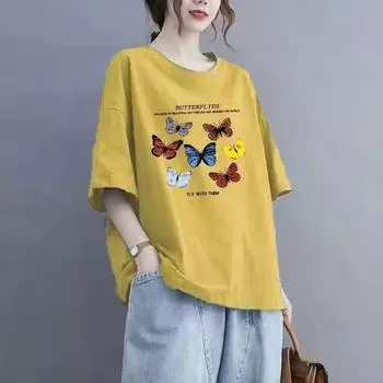 Летняя хлопковая футболка с круглым вырезом и короткими рукавами, повседневная свободная футболка с принтом, женская футболка XS