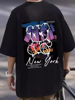 Летняя хлопковая футболка унисекс New York Art Word с мультяшным медведем и принтом заката и пейзажным дизайном, свободная футболка большого размера 4XL