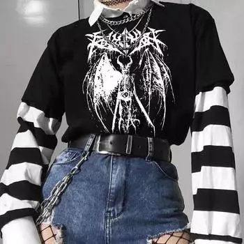 Летняя хлопковая футболка женская эстетичная женская футболка Terror Lightning с буквенным принтом E-girl Harajuku готический свободный топ M чёрный