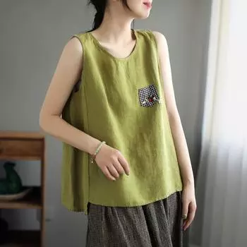 Летняя хлопковая и льняная майка женская свободная без рукавов однотонная ретро-база XXXL белый