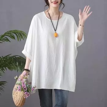 Летняя хлопковая конопляная блузка, свободная, повседневная, с рукавами «летучая мышь», большим круглым вырезом, футболка для женщин one size