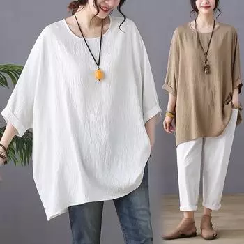 Летняя хлопковая конопляная блузка, свободная, повседневная, с рукавами «летучая мышь», большим круглым вырезом, футболка для женщин one size