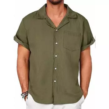 Летняя хлопковая конопляная хлопковая тонкая повседневная однотонная рубашка со стоячим воротником синего цвета свободного покроя L армия зеленый