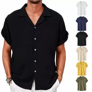 Летняя хлопковая конопляная хлопковая тонкая повседневная однотонная рубашка со стоячим воротником синего цвета свободного покроя S