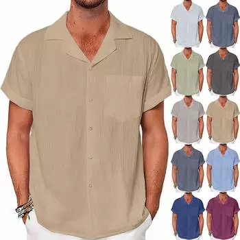 Летняя хлопковая конопляная хлопковая тонкая повседневная однотонная рубашка со стоячим воротником синего цвета свободного покроя XXL