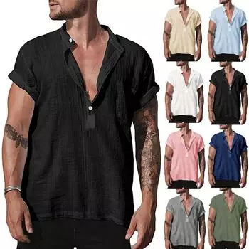 Летняя хлопковая конопляная хлопковая тонкая повседневная однотонная рубашка со стоячим воротником синего цвета свободного покроя XXL белый