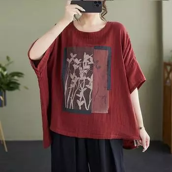 Летняя хлопковая конопляная художественная ретро-печатная свободная круглая горловина большого размера утягивающая футболка для женщин L белый
