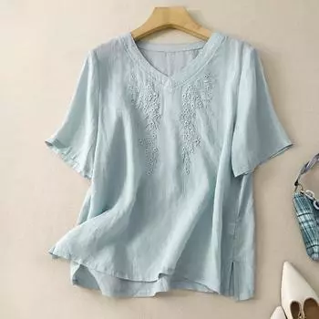 Летняя хлопковая конопляная художественная ретро свободная однотонная вышитая футболка с V-образным вырезом и короткими рукавами для женщин Футболки женские M фиолетовый