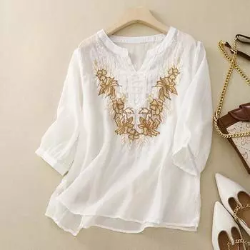 Летняя хлопковая конопляная художественная свободная однотонная футболка с V-образным вырезом для женщин Футболки женские M белый