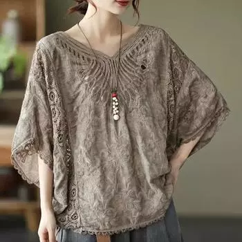 Летняя хлопковая кружевная рубашка с вышивкой, женская винтажная блузка с рукавами «летучая мышь» с v-образным вырезом, женские праздничные топы с солнцезащитным кремом 24384 One Size хаки