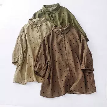 Летняя хлопковая льняная блузка больших размеров, художественная свободная посадка, утягивающая рубашка с короткими рукавами для женщин M зелёный